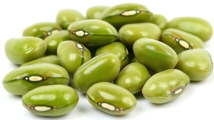 Mung beans scattered with slight randomness on white background, shot with mirrorless camera, 50mm lens, close-up image of green bean seeds with natural irregular placement and clean negative