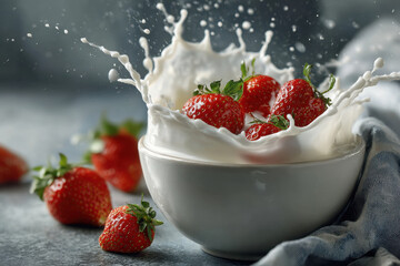 Fresh strawberries splashed with milk in a ceramic bowl
