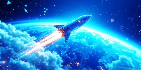 Fototapeta premium Blue spaceship ascends through clouds and starry sky above planet Earth