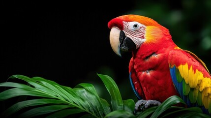 Fototapeta premium Vibrant scarlet macaw perched among lush green leaves