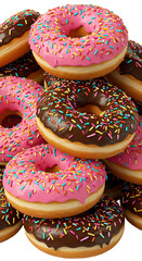 Pile of Delicious Donuts with Pink and Brown Frosting and Sprinkles