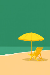 Minimalist Beach Scene with Yellow Umbrella and Chair on Green Background – Summer Art Print