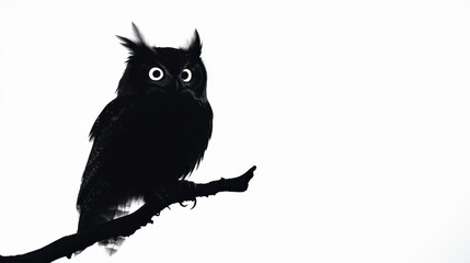 Fototapeta premium Stunning silhouette of an owl perched on a branch with piercing eyes against white backdrop
