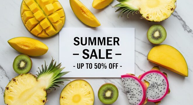 Summer sale announcement with tropical fruits and discount offer