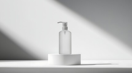 Obraz premium Minimalist hand sanitizer container with pump dispenser on white backdrop, shot using 50mm lens, emphasizing sleek transparent bottle and smooth plastic texture