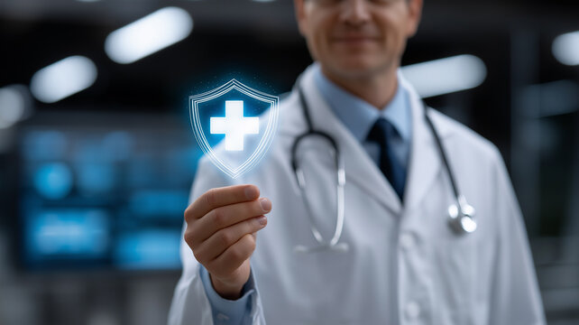 Modern healthcare professional in white lab coat holding glowing holographic shield icon for medical protection and insurance,digital medical protection, futuristic clinical technology, hospital innov