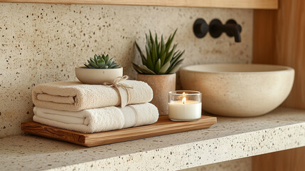 Spa bathroom with rolled towels, candles, and plants, perfect for relaxation, wellness, and modern home inspiration concepts