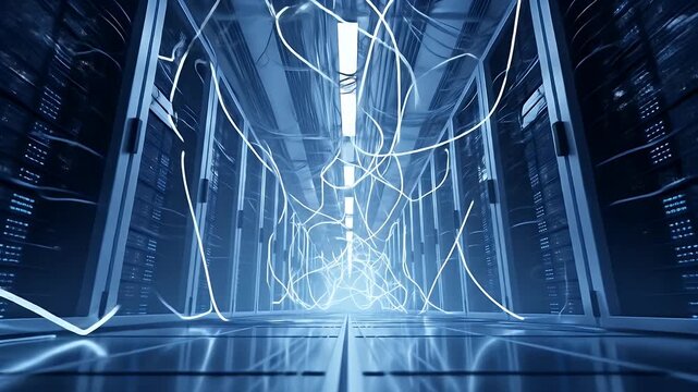 Server room with glowing cables