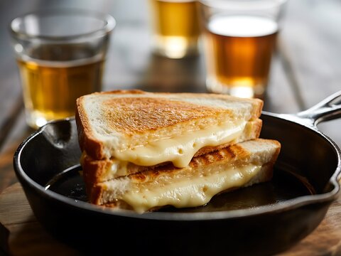 Melted cheese sandwich in cast iron pan with beer grilled cheese