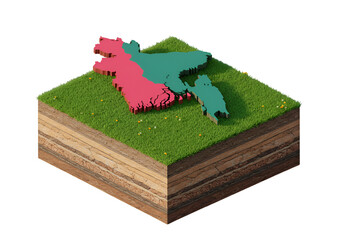 Isometric 3D Illustration of Bangladesh Map on Grass with Soil Layers Isolated on Black