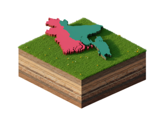 Isometric 3D Illustration of Bangladesh Map on Grass with Soil Layers Isolated on Black