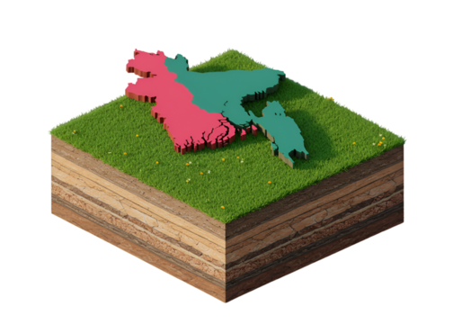 Isometric 3D Illustration of Bangladesh Map on Grass with Soil Layers Isolated on Black - Powered by Adobe