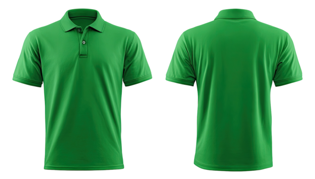 Front and back views of a vibrant green polo shirt