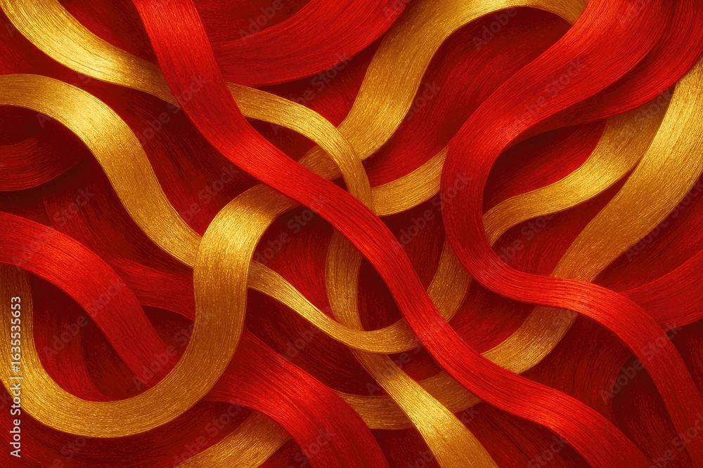 Poster colorful strands of red and gold fabric entwined in an intricate pattern creating a vibrant visual e