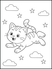 Happy cat cartoon character coloring page for kids and adults.