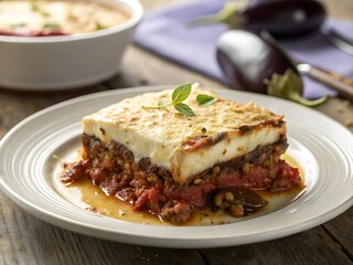 Moussaka slice with bechamel sauce and eggplant greek food