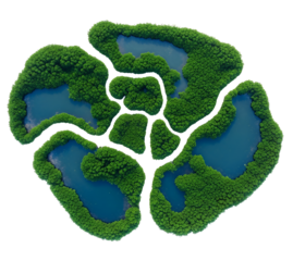 Abstract Aerial View of Interconnected Green Islands and Blue Lakes on White Background