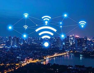 Night cityscape with glowing wifi network overlay