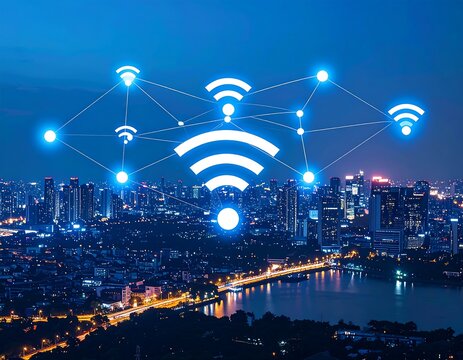 Night cityscape with glowing wifi network overlay