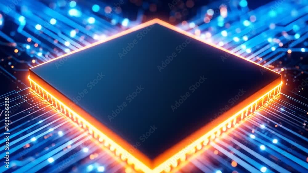 Poster central processing unit close up with blue circuit board and orange glow data computing for high tec
