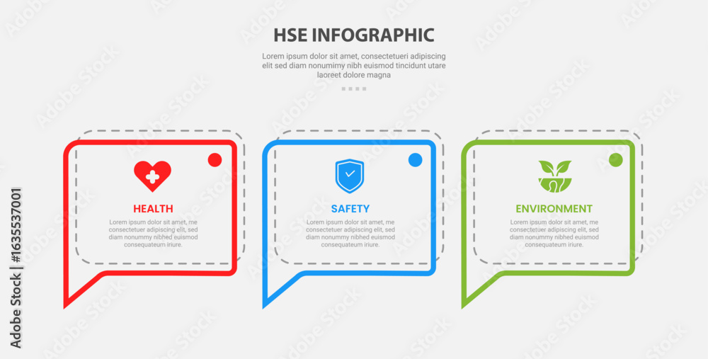 Poster hse health safety and environment infographic outline style with 3 point template with callout discu