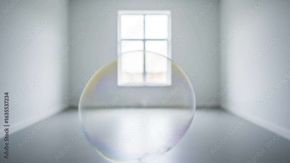 Poster soap bubble floating in an empty white room with window light creates a sense of peace and minimalis