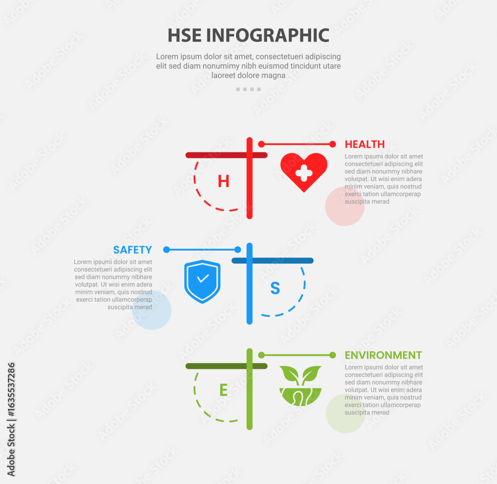 Poster hse health safety and environment infographic outline style with 3 point template with round rectang