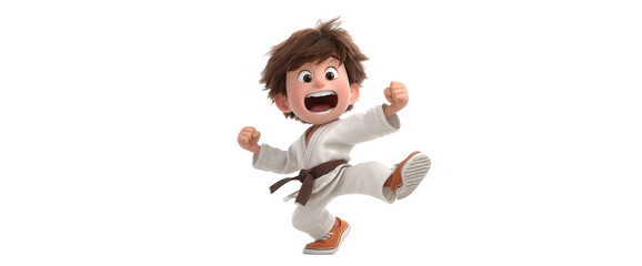 A young boy wearing a white karate uniform with a brown belt practices an energetic martial arts stance, jumping with a focused expression.