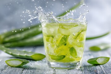 Aloe Drink. Splash of Vera Juice for Healthy Lifestyle on Wooden Background