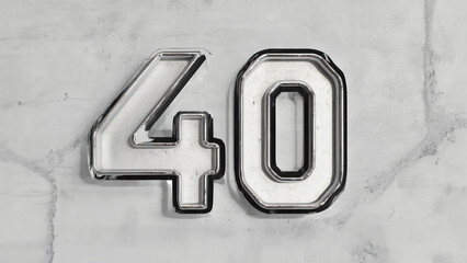 3D Number 40 Chiseled in Concrete with Sleek Silver Font on White Background"
