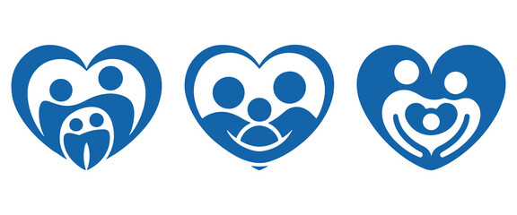 Blue Family Heart Icons Representing Love, Parenting, Childcare, Unity, Wellness, and Health for Logos