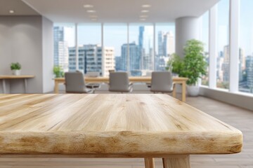 Naklejka premium Empty wooden table in a modern office with large windows and city view