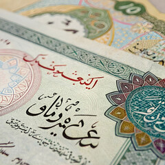 close up of an Iranian Rial note with Persian calligraphy