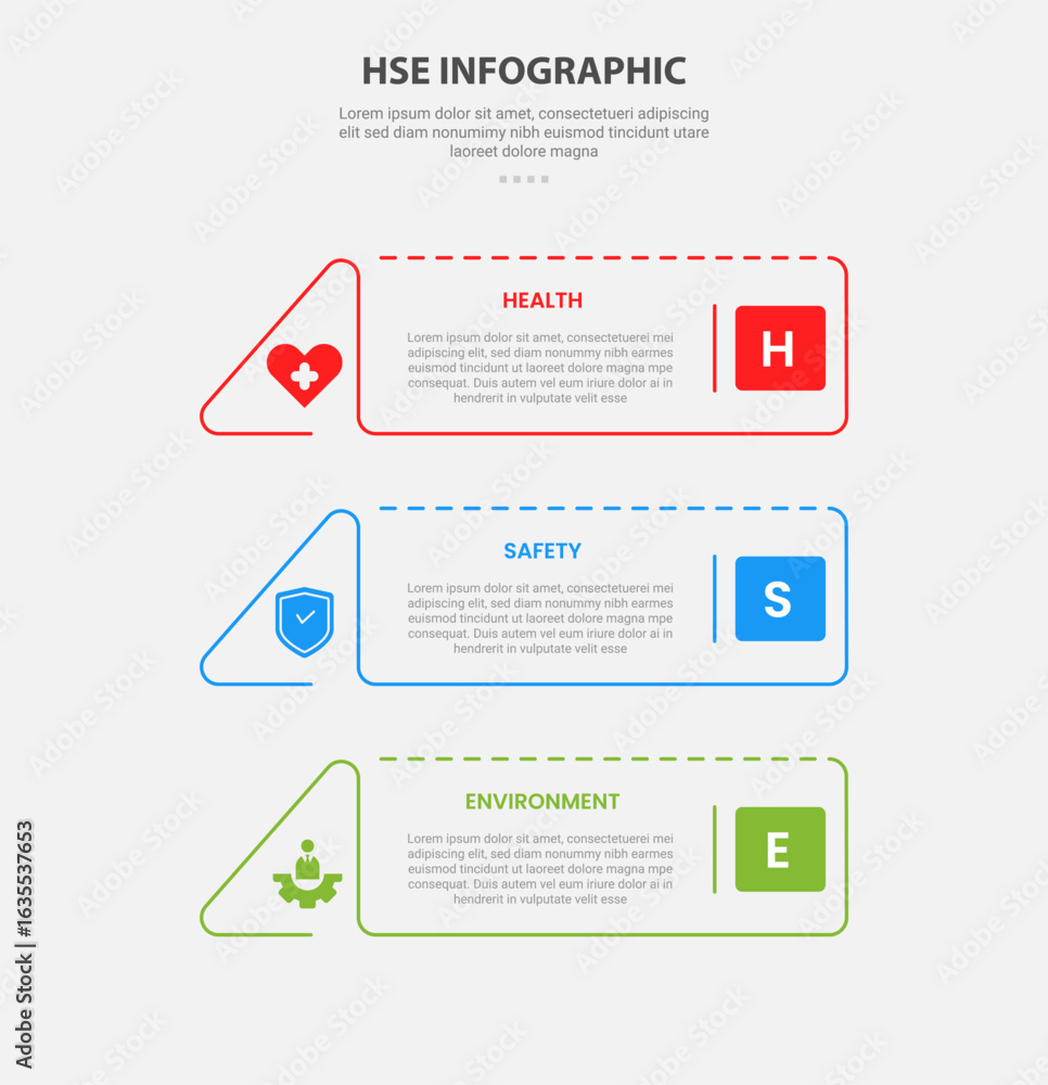 Poster hse health safety and environment infographic outline style with 3 point template with creative rect
