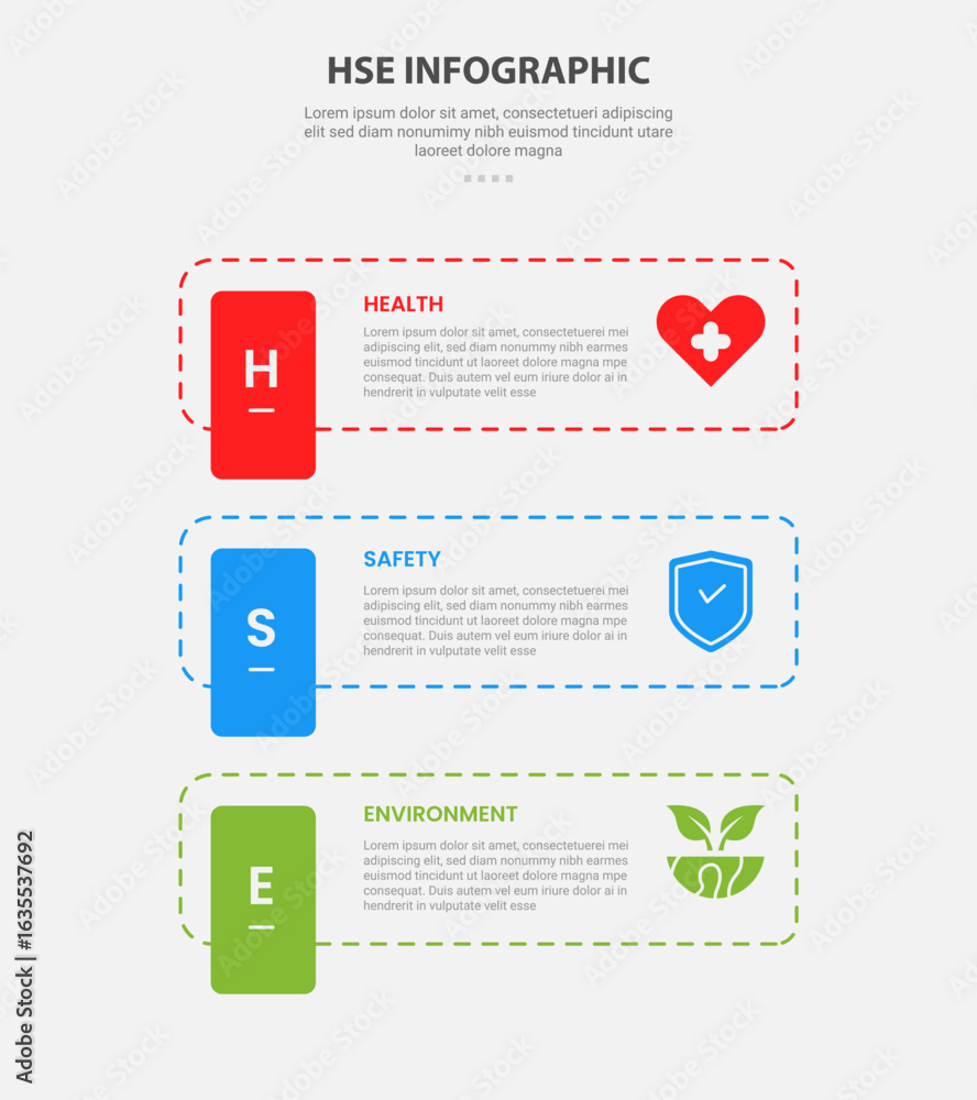 Poster hse health safety and environment infographic outline style with 3 point template with dotted line r