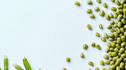 Loose arrangement of mung beans with slight randomness, taken at 50mm focal length, emphasis on natural form and fine texture on white background
