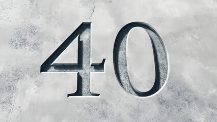3D Number 40 Chiseled in Concrete with Sleek Silver Font on White Background"