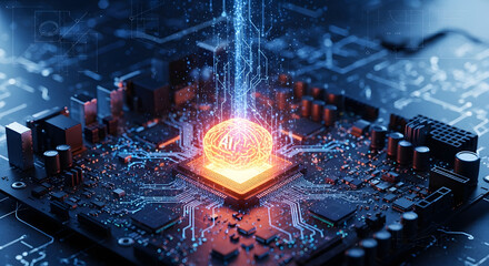 Digital Core: A close-up shot of a futuristic, illuminated circuit board, emanating with digital energy and high-tech details. Emphasizing data flow and modern technology.