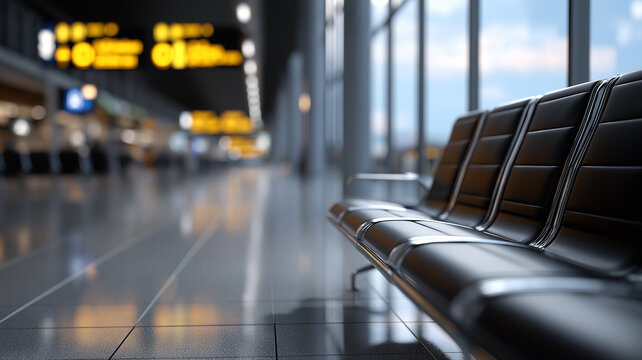 Spacious international terminal waiting area with polished tiled floors, digital flight boards, and futuristic glass architecture, no people, international travel terminal, airport runway view, mode