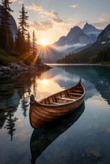 Obraz premium traditional cedar-strip canoe on still mountain lake, sun setting behind evergreen forest, warm golden light streaming across water