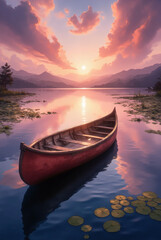 Fototapeta premium empty wooden canoe gently floating on glass-like water, dramatic sunset sky with pink and orange clouds, scattered lily pads, subtle ripples around boat