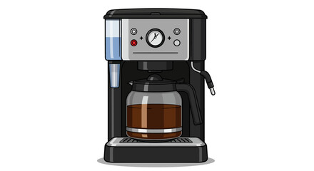 Black coffeemaker with a glass pot filled with coffee sits on a warming plate The machine features gauges and a water reservoir