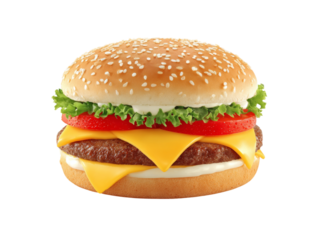 Juicy double cheeseburger with sesame seed bun lettuce tomato, Isolated On White Background, Png Transparent