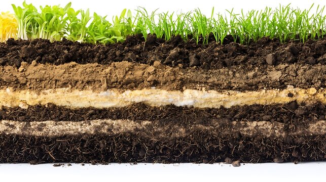 Fototapeta Horizontal soil strata with varying textures and colors on white backdrop, shot with zoom lens 135mm, emphasis on sharp detail and contrast between layers