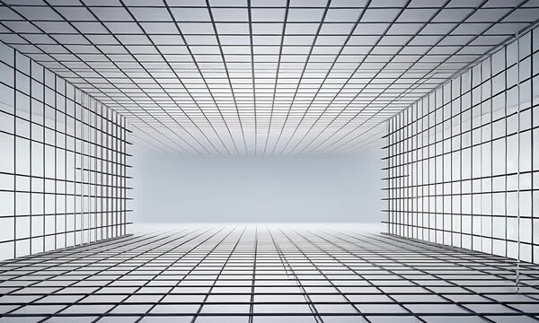 
A white background with lines in perspective, simple and clean, with a grid pattern on the ground and a large blank space above it for text or graphics