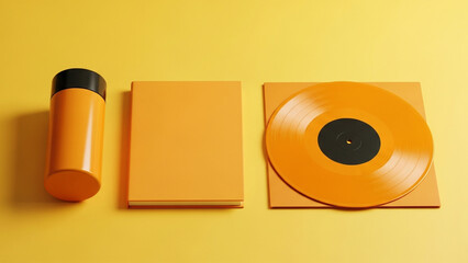 Orange Vinyl Record, Beverage Can, and Album Cover Mockup on Yellow Background