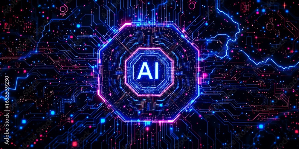 Aufkleber futuristic digital abstract background with glowing ai symbol and intricate circuit board patterns