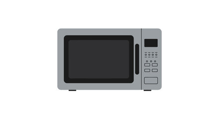 Gray microwave featuring a display button panel  a dark interior window positioned centrally on a white backdrop