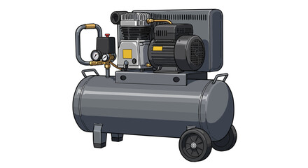 Grey air compressor with a tank motor pressure gauges and wheels
