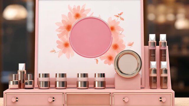 Face tinting products. Set of woman's make up cosmetics. Cosmetics on pink background. Beauty products presented on podium on pink pastel background. Mock ups for branding and packaging presentation.